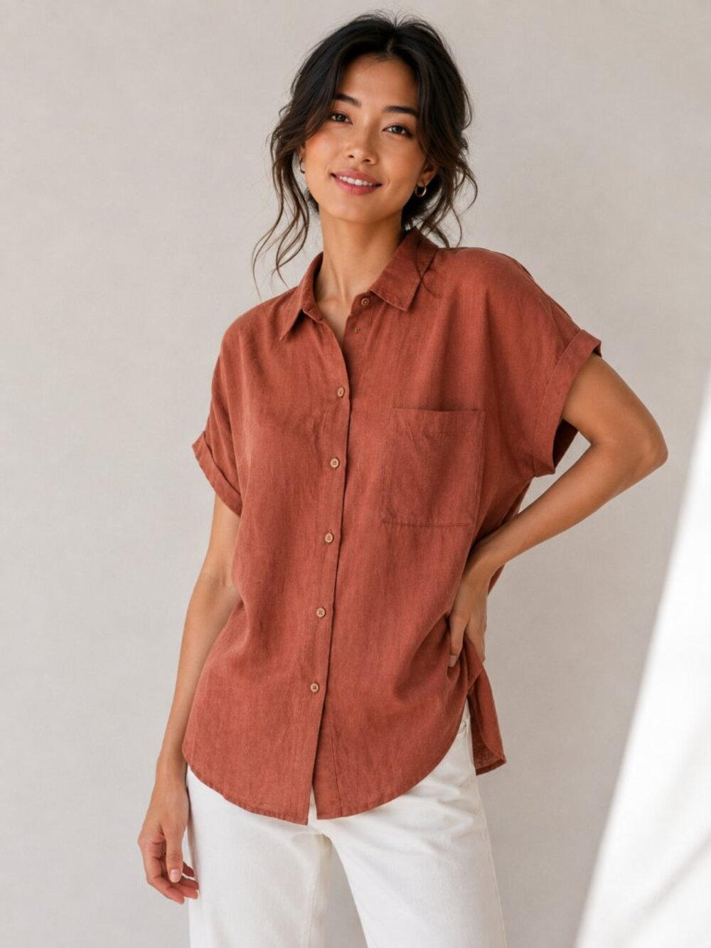 Calvin Klein Terracotta Short Sleeve Button Down Blouse Shirt Top Size S NWT $69